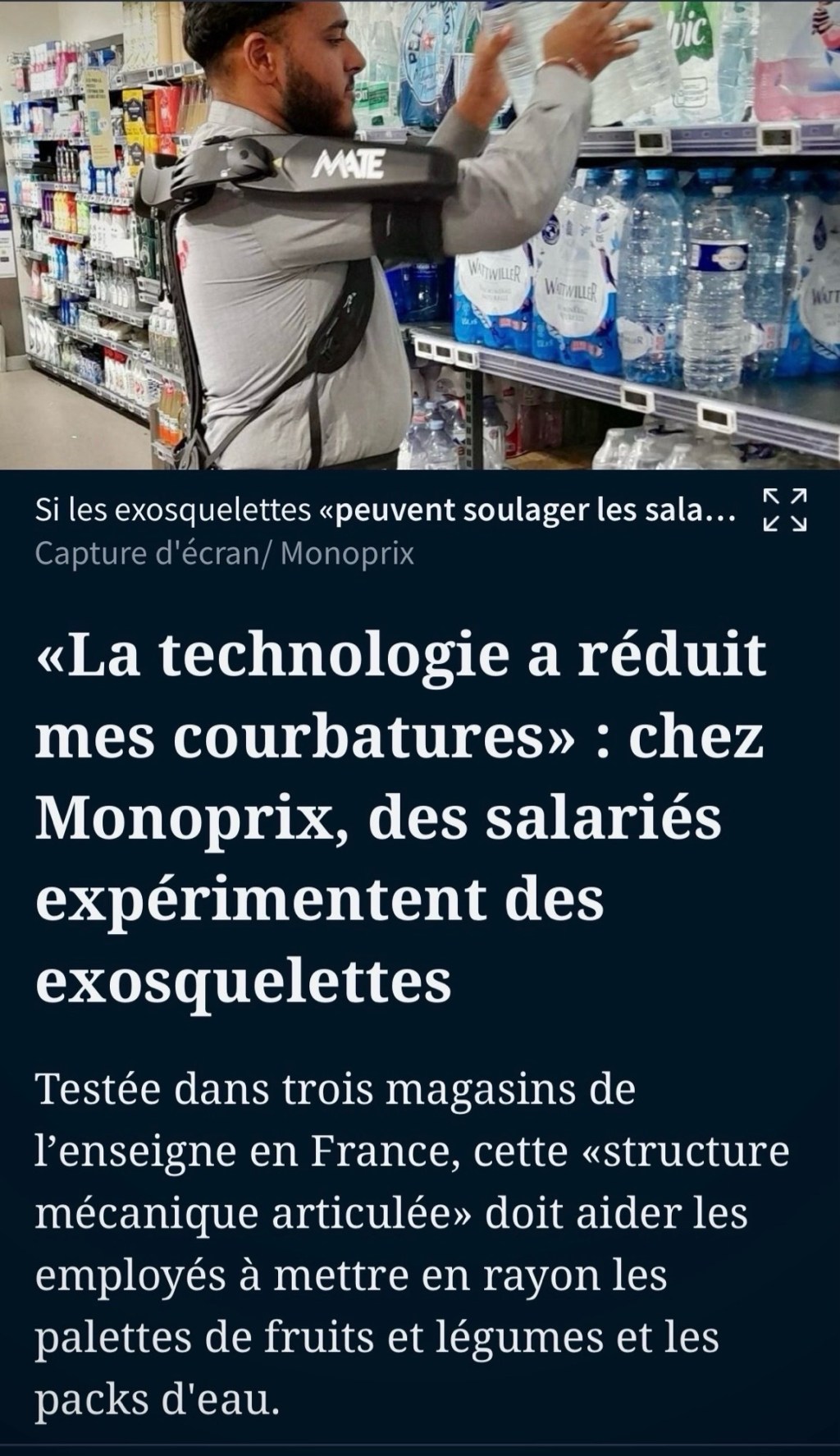 «La technologie a réduit mes courbatures» : chez Monoprix, des salariés expérimentent des&nbsp;exosquelettes