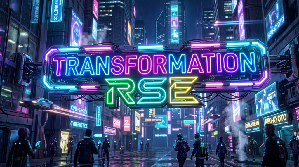 Neon sign reading 'TRANSFORMATION RSE' in a cyberpunk city street with pedestrians